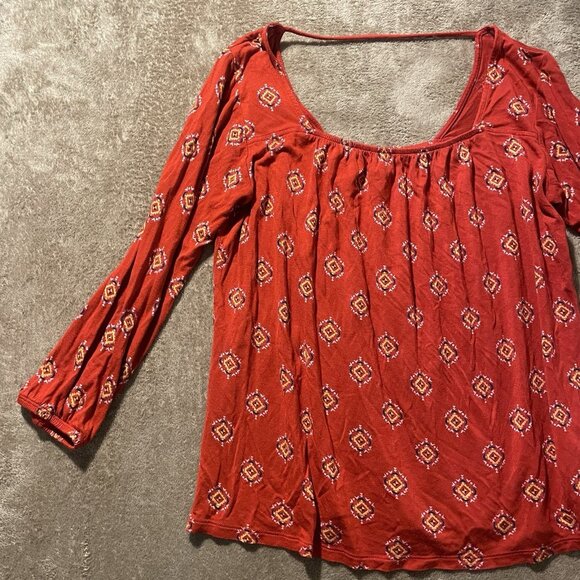 Old Navy Shirt Womens Small Red Tribal Print Long Sleeve Top Square Neck Stretch - Picture 3 of 8